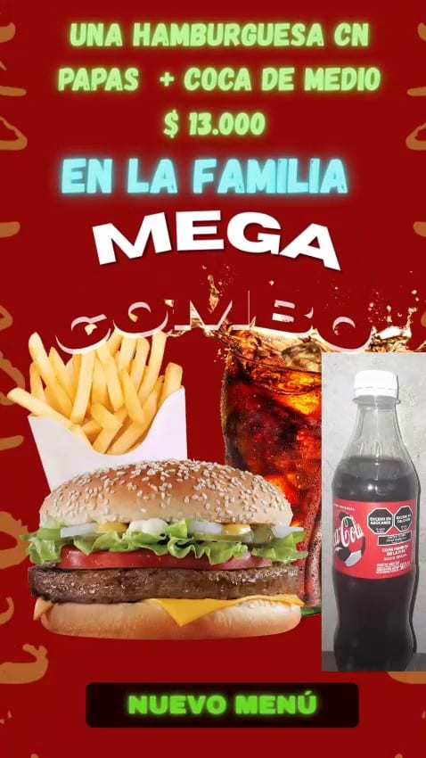 Rotisería La Familia — Mega combo hamburguesa con papas y Coca
